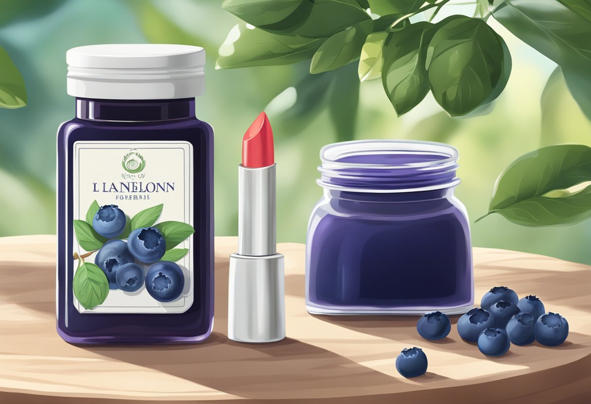 A small glass jar of blueberry extract sits next to a container of lanolin. Both are surrounded by fresh blueberries and a vibrant lipstick in a natural, homemade setting