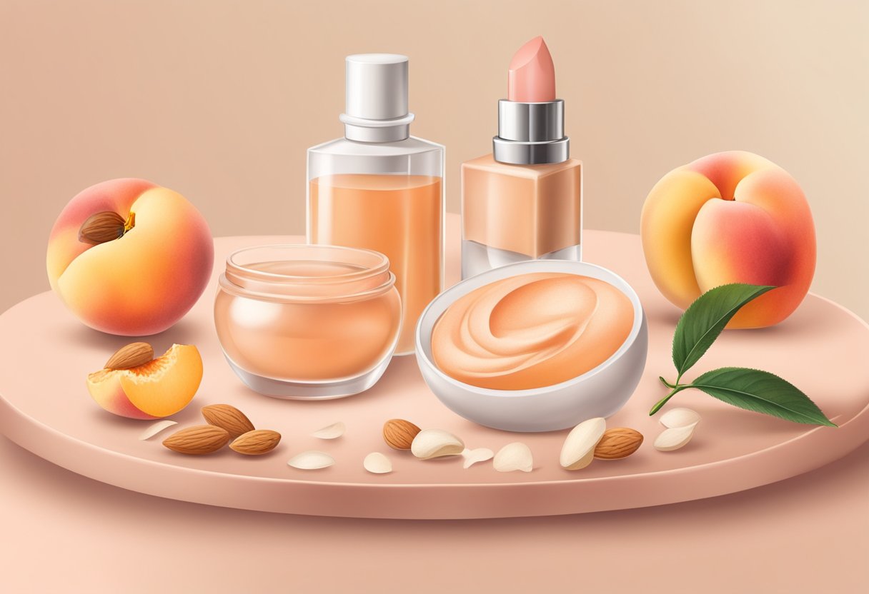 A table with ingredients: peach powder, almond oil, and homemade lipstick in soft peach shade