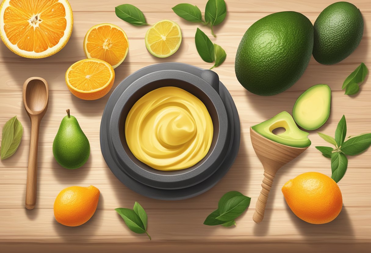A small bowl of orange peel powder and avocado butter sits on a wooden table, surrounded by natural ingredients. A mortar and pestle are nearby, ready for mixing