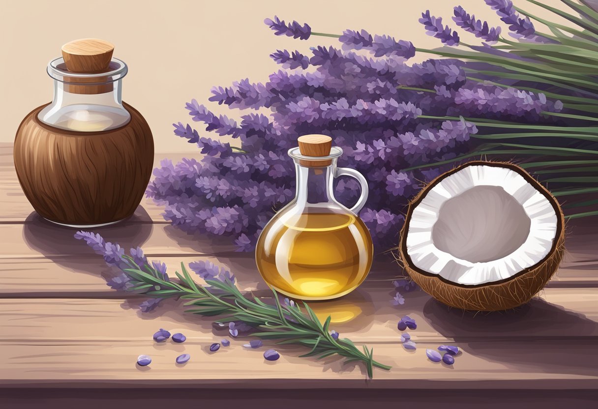 A small glass bottle of lavender essential oil and a jar of coconut oil sit on a wooden table, surrounded by fresh lavender flowers and coconuts