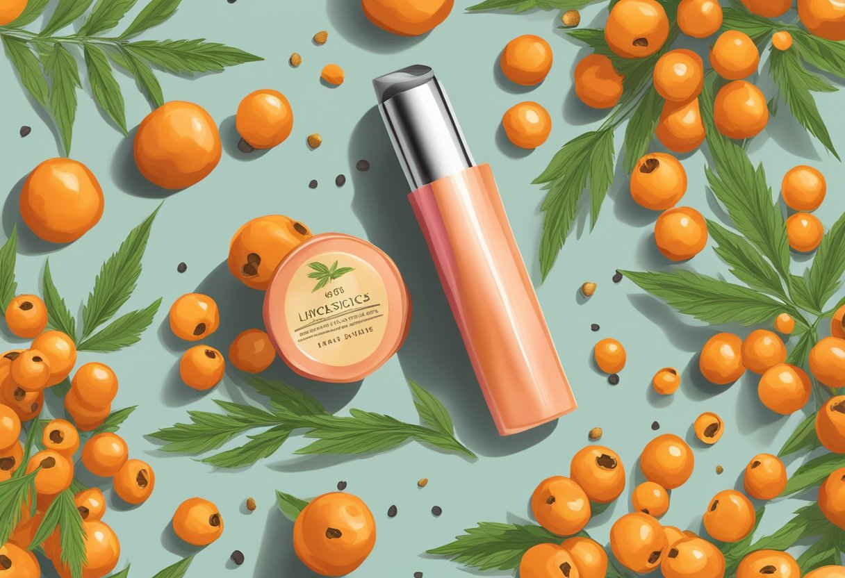 A vibrant tube of lipstick sits on a wooden table, surrounded by sea buckthorn berries and hemp seeds. The ingredients are displayed in the background, ready to be used in the homemade lipstick recipe