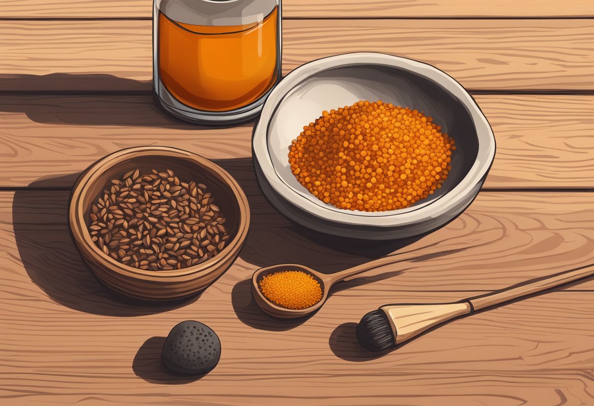 A small bowl of annatto seeds sits next to a bottle of castor oil on a wooden table. The earthy orange pigment is being mixed together to create homemade lipstick