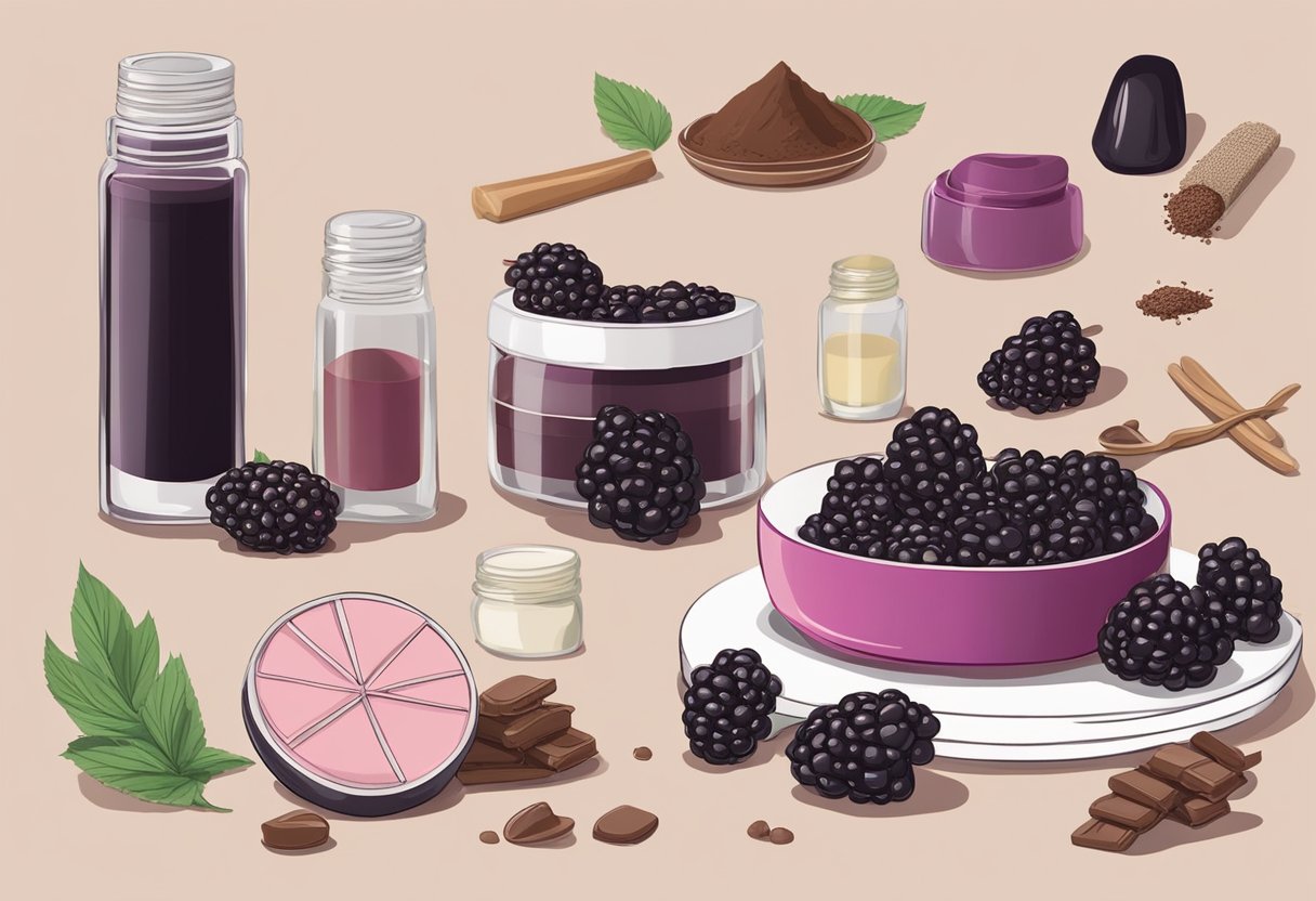 A table with ingredients: blackberry powder, cocoa butter, and recipe book titled "32 Best DIY Homemade Lipstick Recipes with Natural Ingredients."