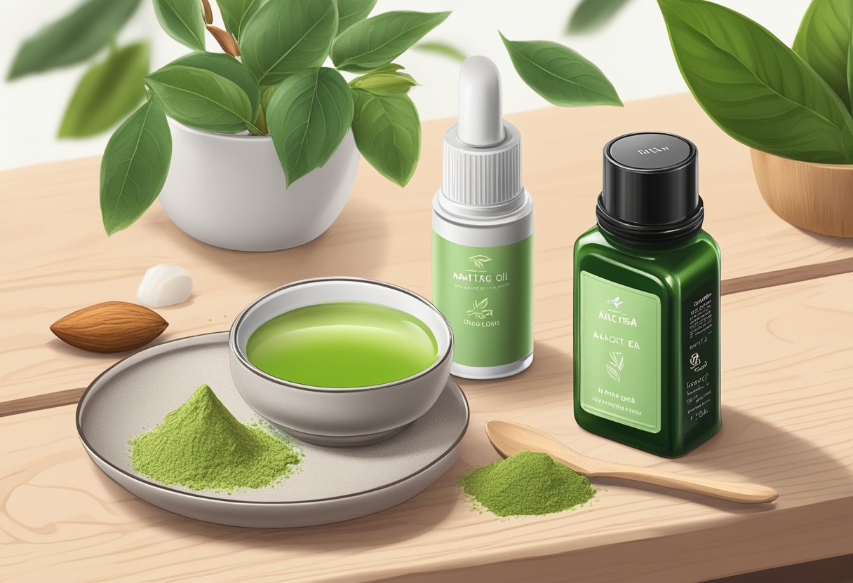 A small bowl of green tea powder and sweet almond oil sits on a wooden table, surrounded by natural ingredients. A lipstick tube labeled "Matcha Lipstick 32" is open and ready to be filled