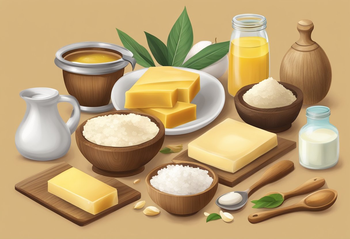 A table with various natural ingredients like beeswax, coconut oil, and shea butter, along with measuring spoons, mixing bowls, and recipe books