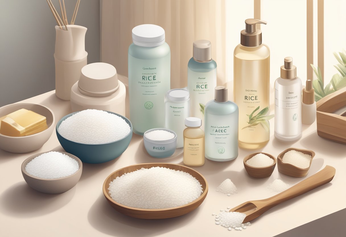 A collection of skincare ingredients, including rice water, arranged on a clean, well-lit tabletop. Labels and measuring tools are nearby