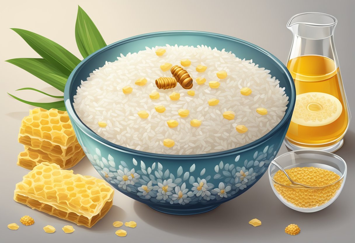 A glass bowl filled with rice water and honey, surrounded by fresh rice grains and a honeycomb