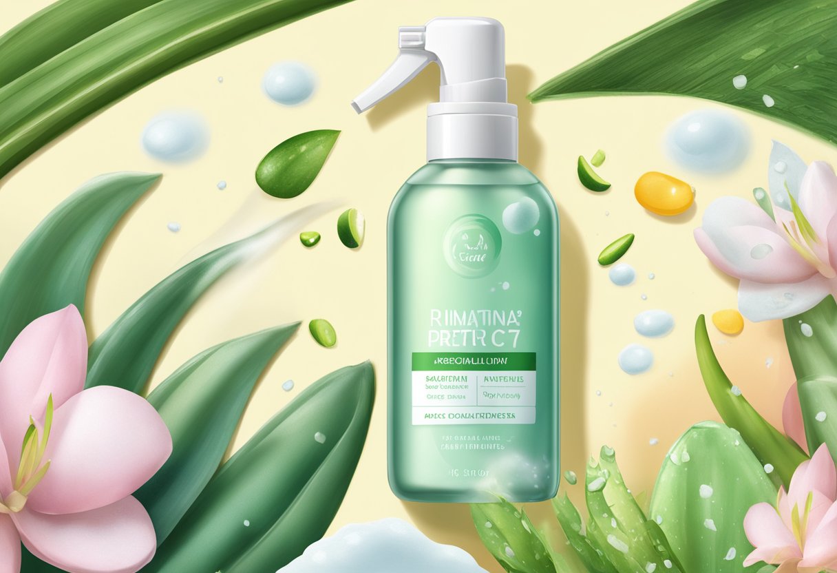 A spray bottle with rice water and aloe vera misting into the air, surrounded by natural skincare ingredients