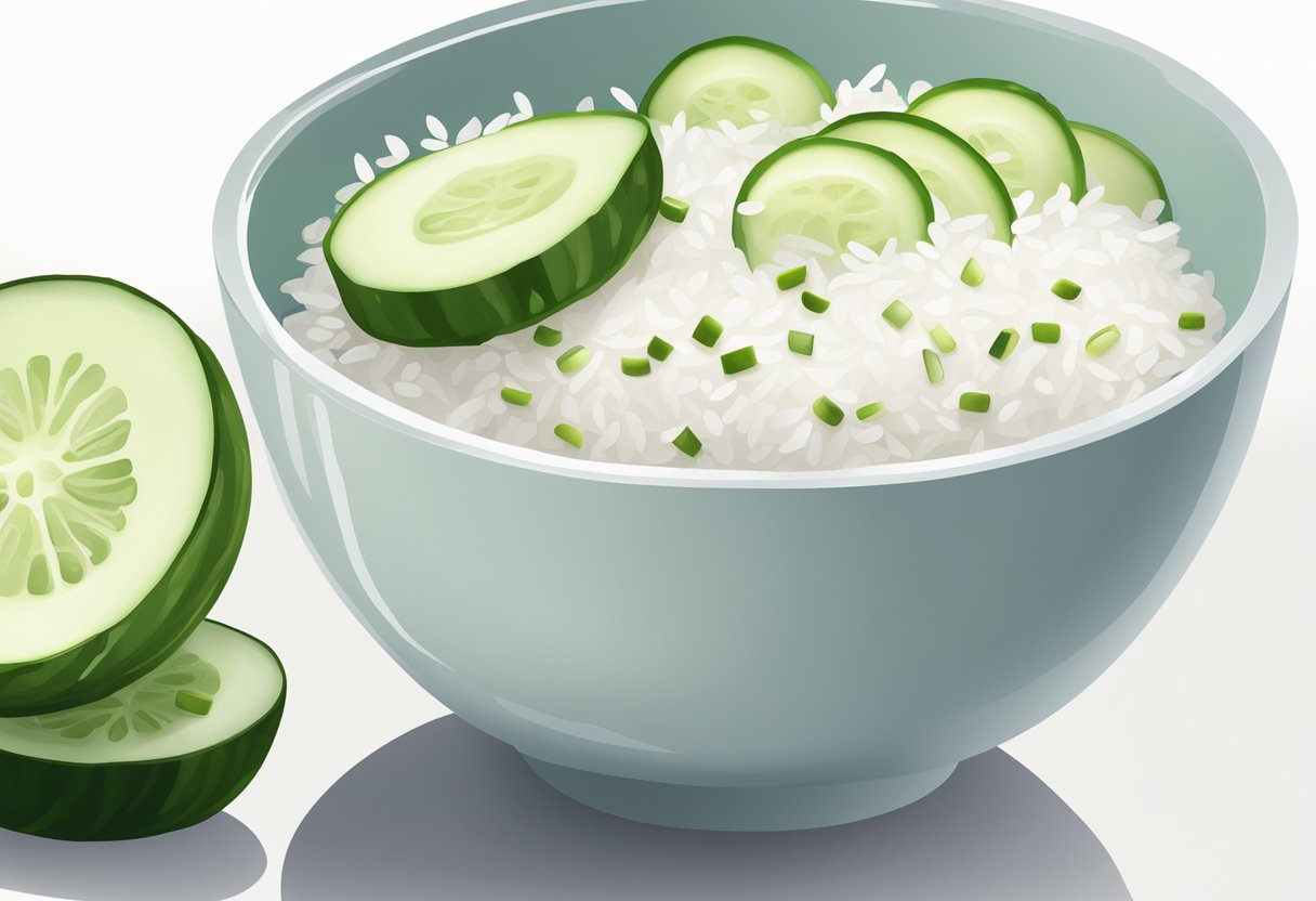 A bowl of rice water and sliced cucumbers placed on a clean, white surface with soft lighting