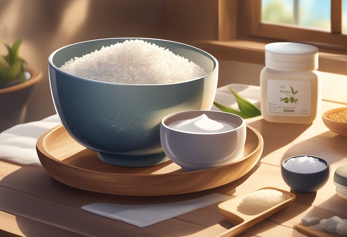A small bowl filled with rice water and yogurt sits on a wooden table, surrounded by various skincare ingredients. Sunlight streams in through a nearby window, casting a warm glow on the scene