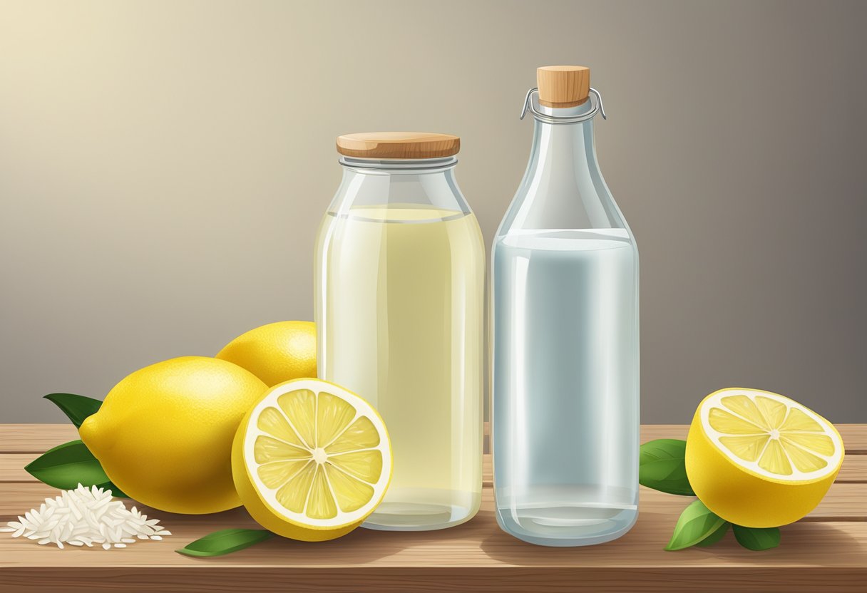 A clear glass bottle filled with rice water and lemon juice sits on a wooden table, surrounded by fresh lemons and a bowl of rice