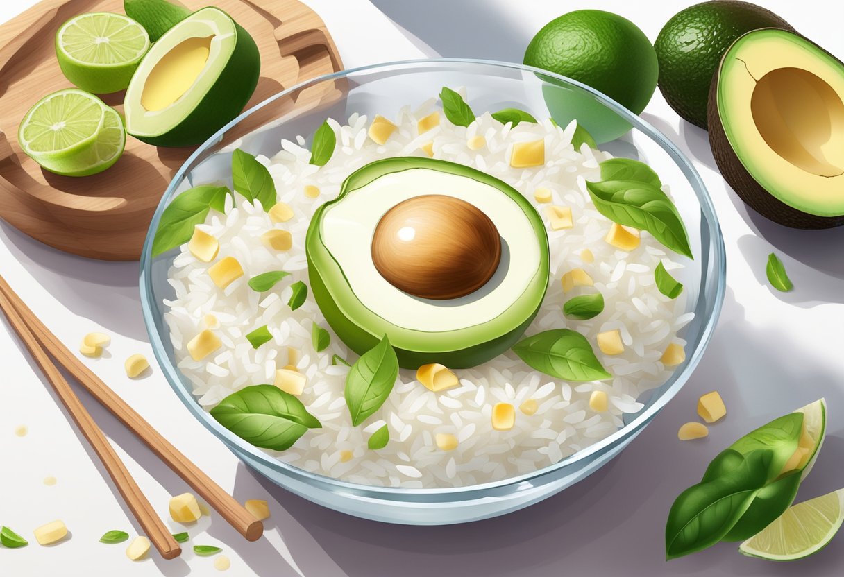 A clear glass bowl filled with rice water and avocado, surrounded by fresh ingredients and a recipe book open to "42 Best DIY Homemade Skincare Recipes with Rice Water."