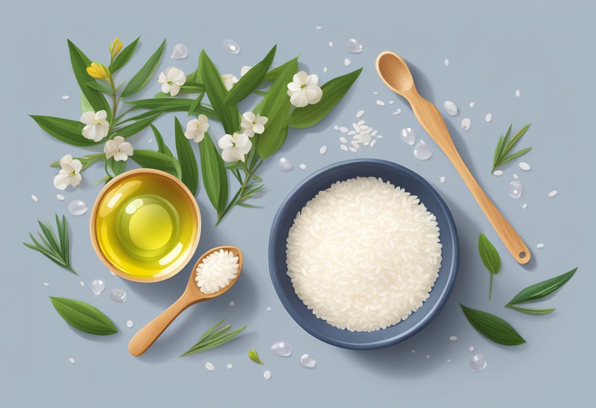 A small bowl of rice water and jojoba oil sits on a wooden table, surrounded by fresh ingredients. A mixing spoon and measuring cup are nearby