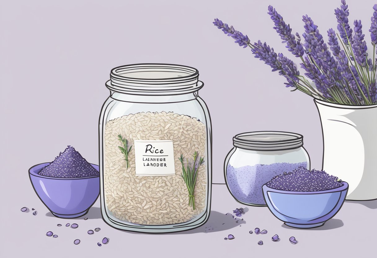 A clear glass jar filled with milky rice water and lavender buds, surrounded by scattered ingredients and a handwritten recipe titled "Rice Water And Lavender Relaxing Bath Soak."