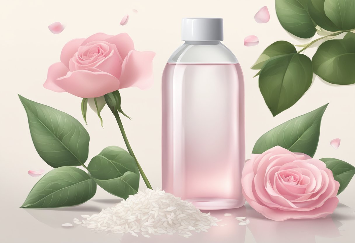 A clear spray bottle filled with rice water and rosewater sits on a clean, white surface, surrounded by fresh rose petals and a bowl of rice