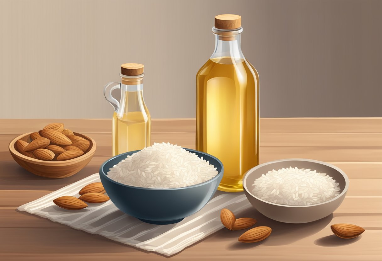 A clear glass bottle filled with rice water and almond oil sits on a wooden table surrounded by fresh almonds and a bowl of rice