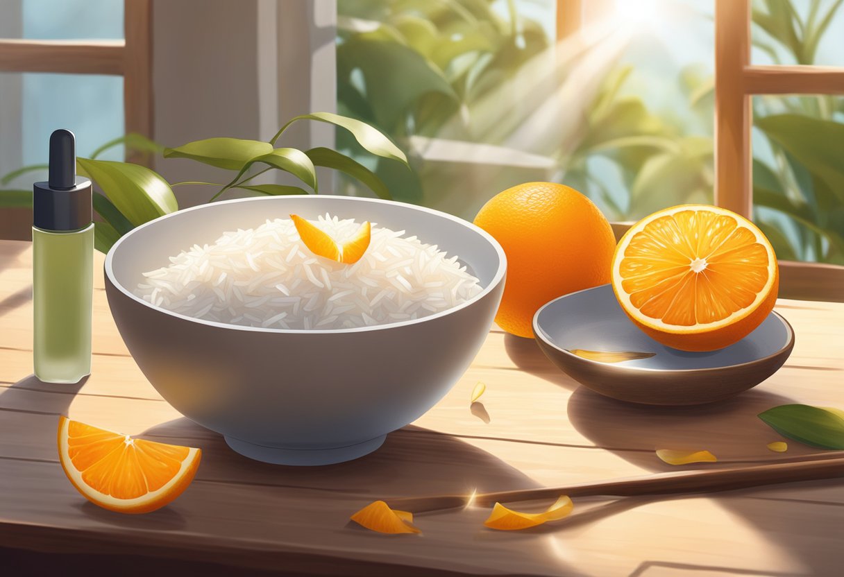 A bowl of rice water and orange peels sit on a wooden table, surrounded by various skincare ingredients and utensils. The sunlight streams in through a nearby window, casting a warm glow on the scene