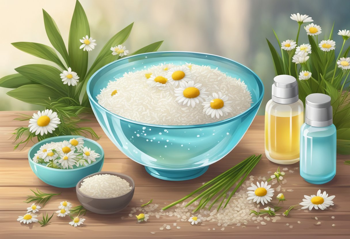 A clear glass bowl filled with rice water and chamomile flowers, surrounded by various skincare ingredients and tools on a wooden table