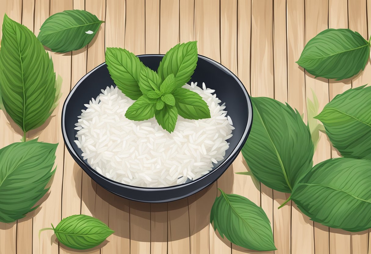 A bowl of rice water and peppermint foot soak sits on a wooden surface, surrounded by fresh peppermint leaves
