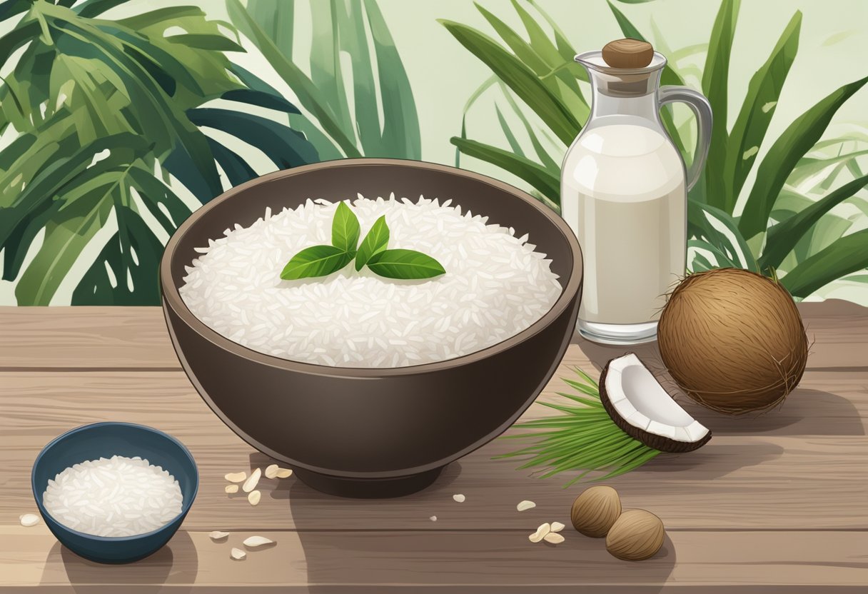 A bowl of rice water and coconut milk sits on a wooden table, surrounded by fresh ingredients. A mortar and pestle are nearby for mixing