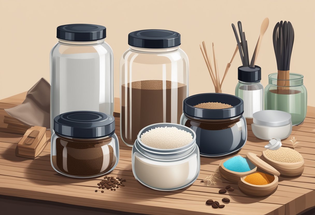 A glass jar filled with rice water and coffee grounds sits on a wooden table, surrounded by various skincare ingredients and tools