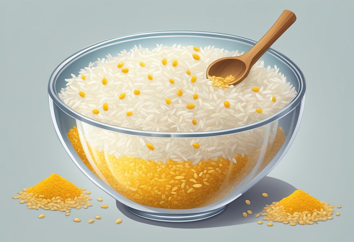 A clear glass bowl holds a mixture of rice water and turmeric, surrounded by scattered rice grains and a small spoon
