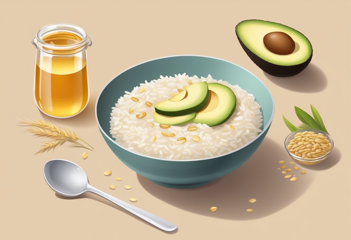A bowl of rice water and oatmeal mixed together, with a spoon and a measuring cup nearby, surrounded by natural ingredients like honey and avocado