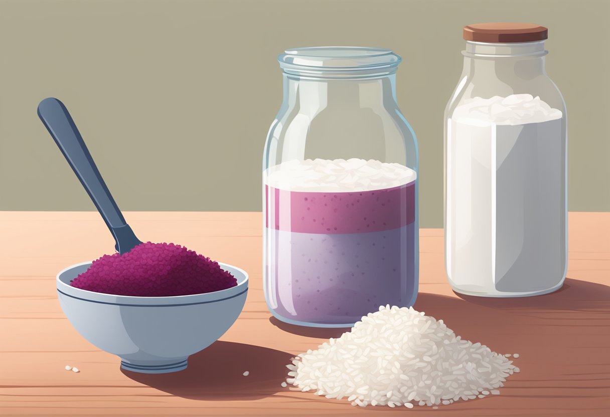 A glass jar filled with rice water sits next to a small bowl of mashed beetroot. A dropper hovers over the two ingredients, ready to mix them together