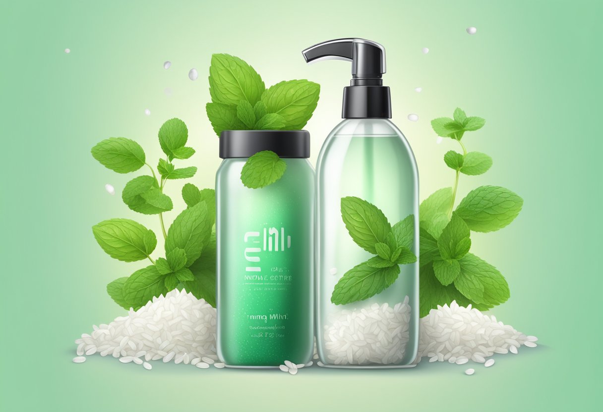 A clear spray bottle with rice water and mint, surrounded by fresh mint leaves and rice grains