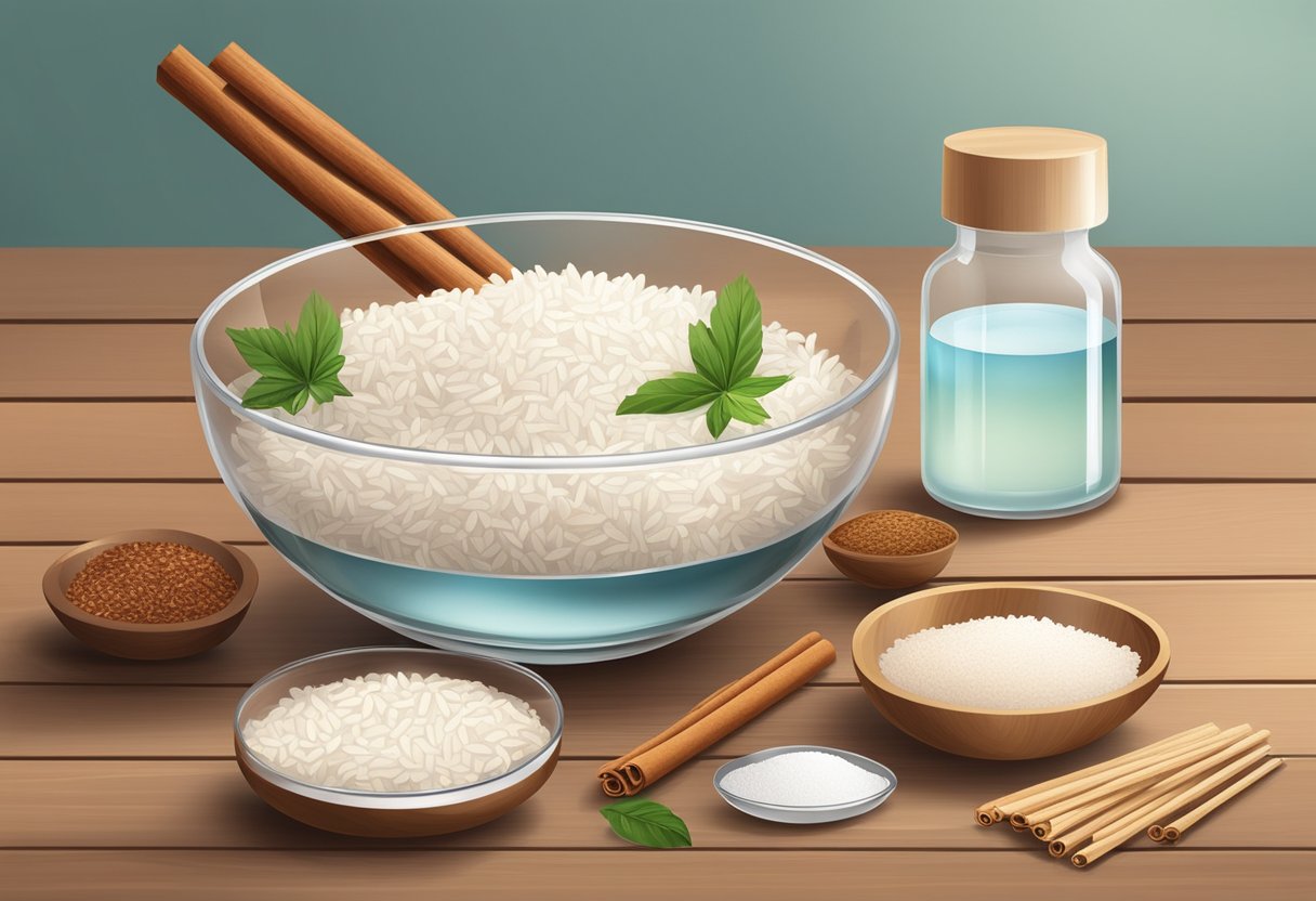 A clear glass bowl filled with rice water and cinnamon sits on a wooden table, surrounded by various skincare ingredients and tools