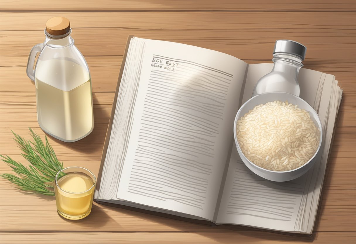 A glass bottle of rice water and flaxseed sits on a wooden table with a recipe book open to a page titled "42 Best DIY Homemade Skincare Recipes with Rice Water."