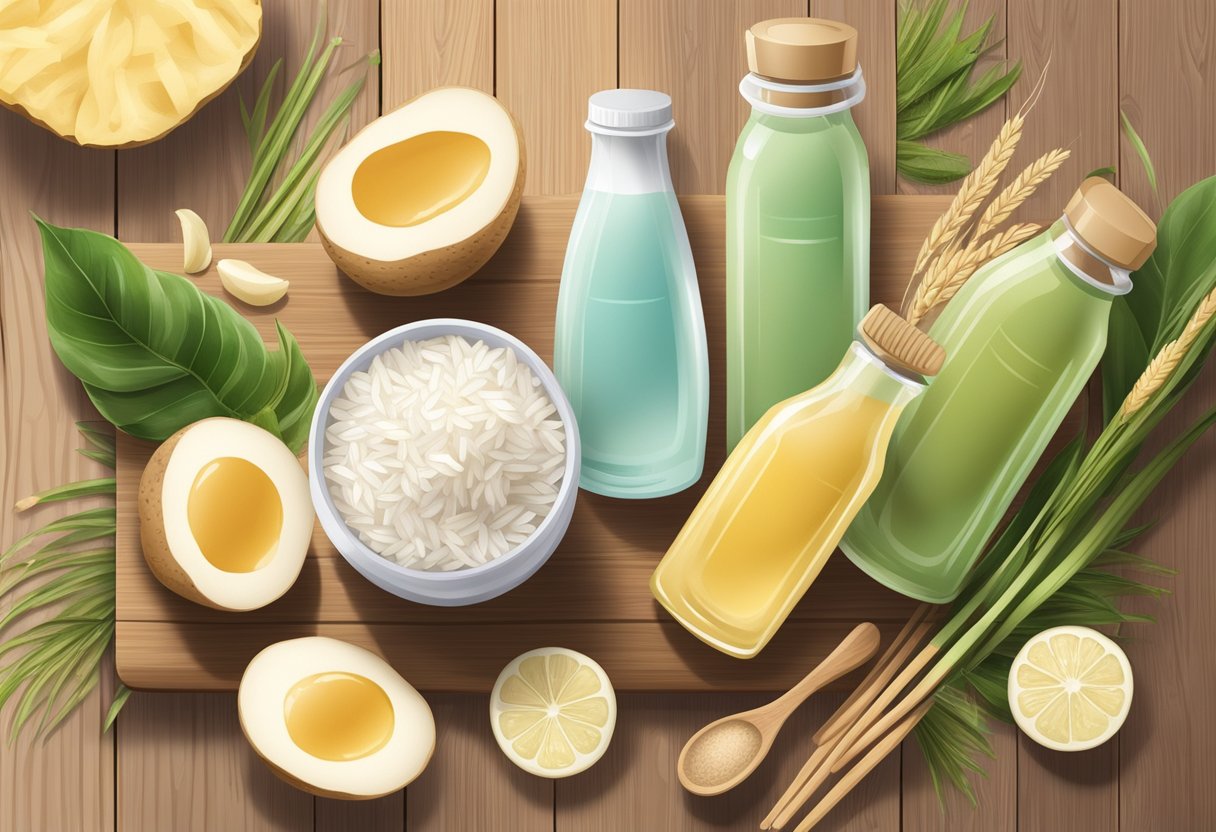 A clear glass bottle filled with rice water and potato juice sits on a wooden table surrounded by fresh ingredients and skincare products