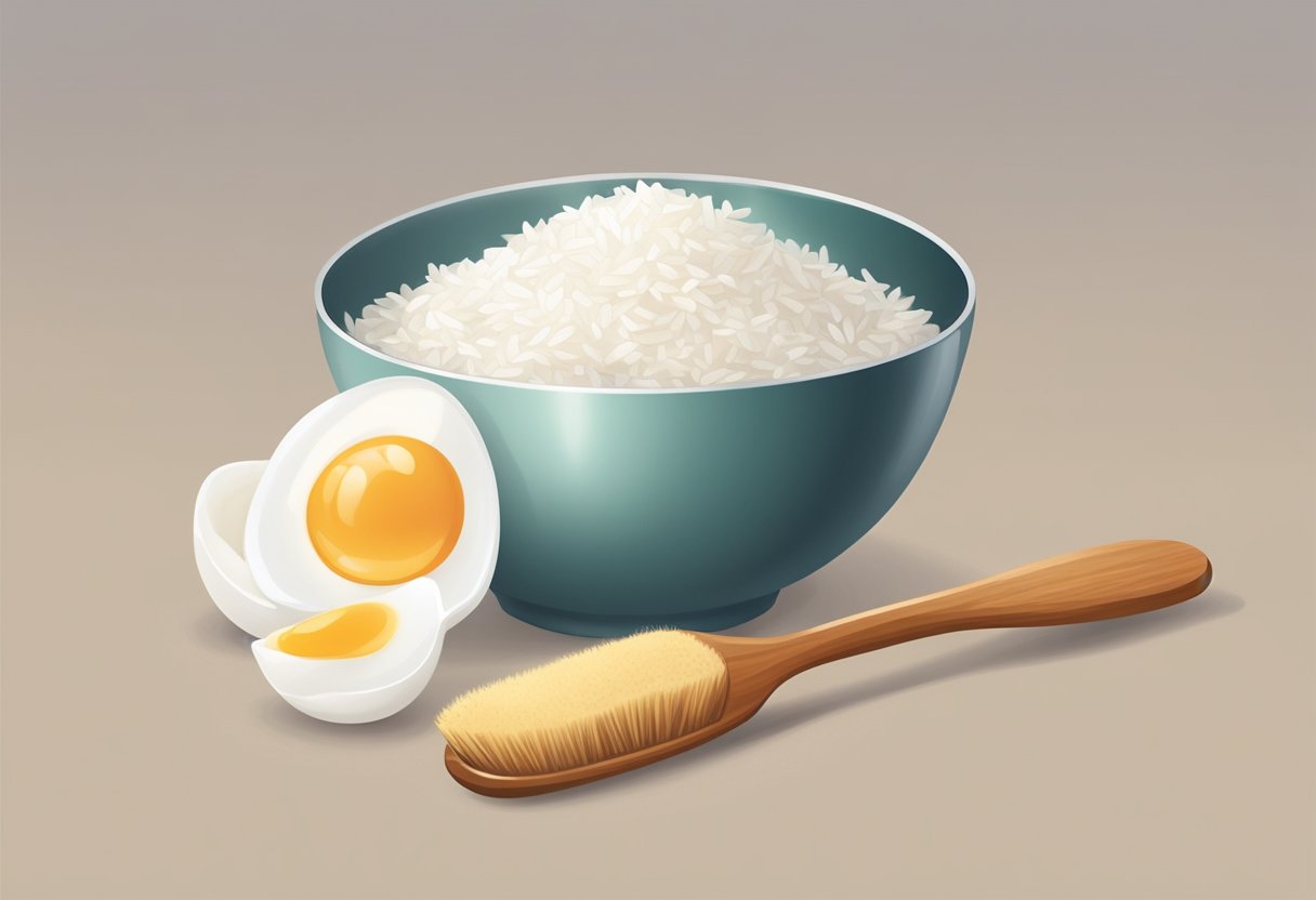A bowl of rice water and egg white mixed together in a small container, with a brush or spoon next to it for application