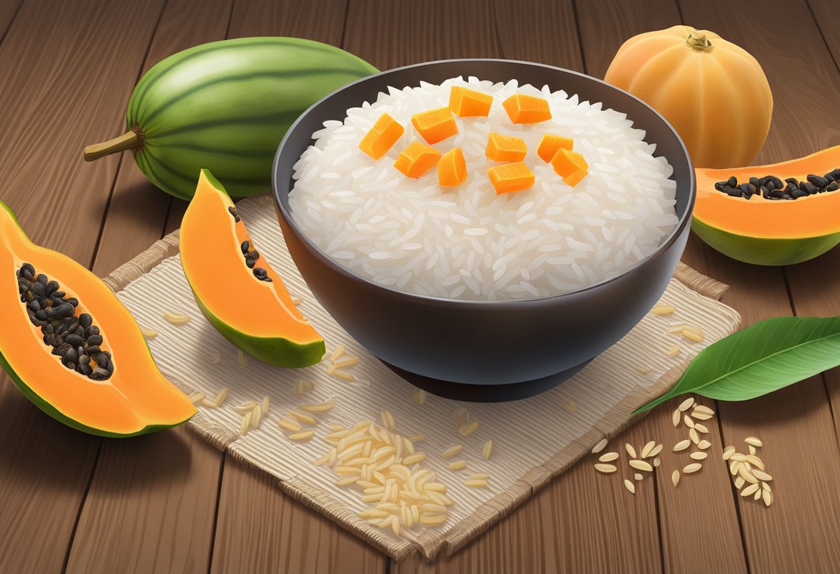 A bowl of rice water mixed with papaya enzymes sits on a wooden table, surrounded by fresh papaya and rice grains