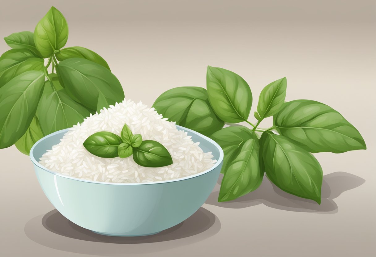 A small bowl filled with rice water and basil leaves sits on a clean countertop, ready to be mixed into a homemade anti-acne mask