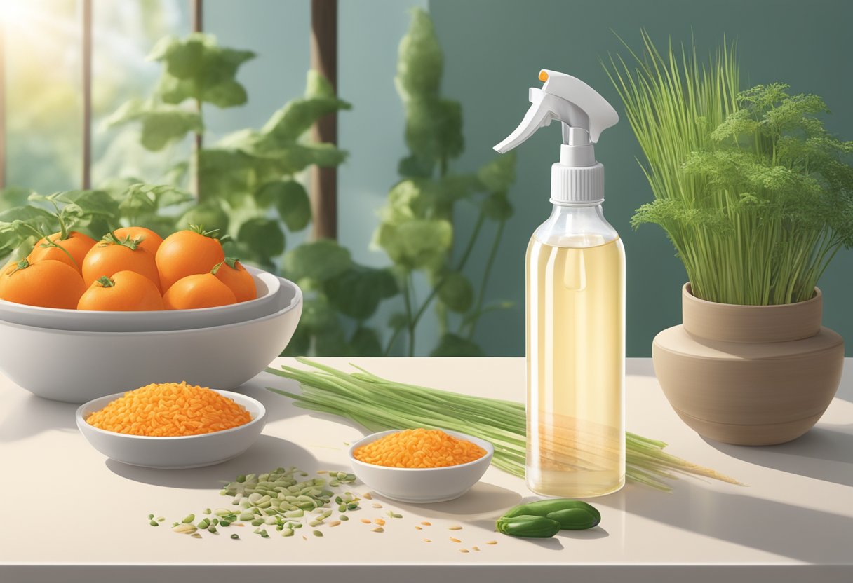 A clear spray bottle filled with rice water and carrot seed oil sits on a sunlit table, surrounded by fresh ingredients