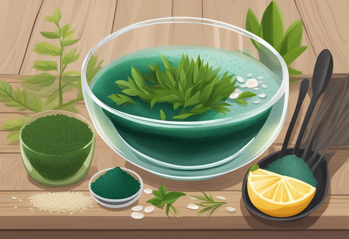 A clear glass bowl filled with rice water and spirulina, surrounded by fresh ingredients and essential oils on a wooden table