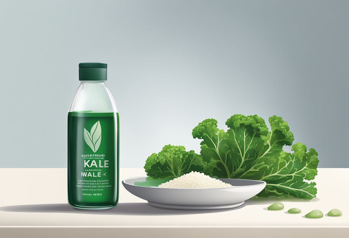 A clear glass bottle filled with rice water and kale extract sits on a clean, white countertop. A few drops of the liquid are shown dripping onto a small dish