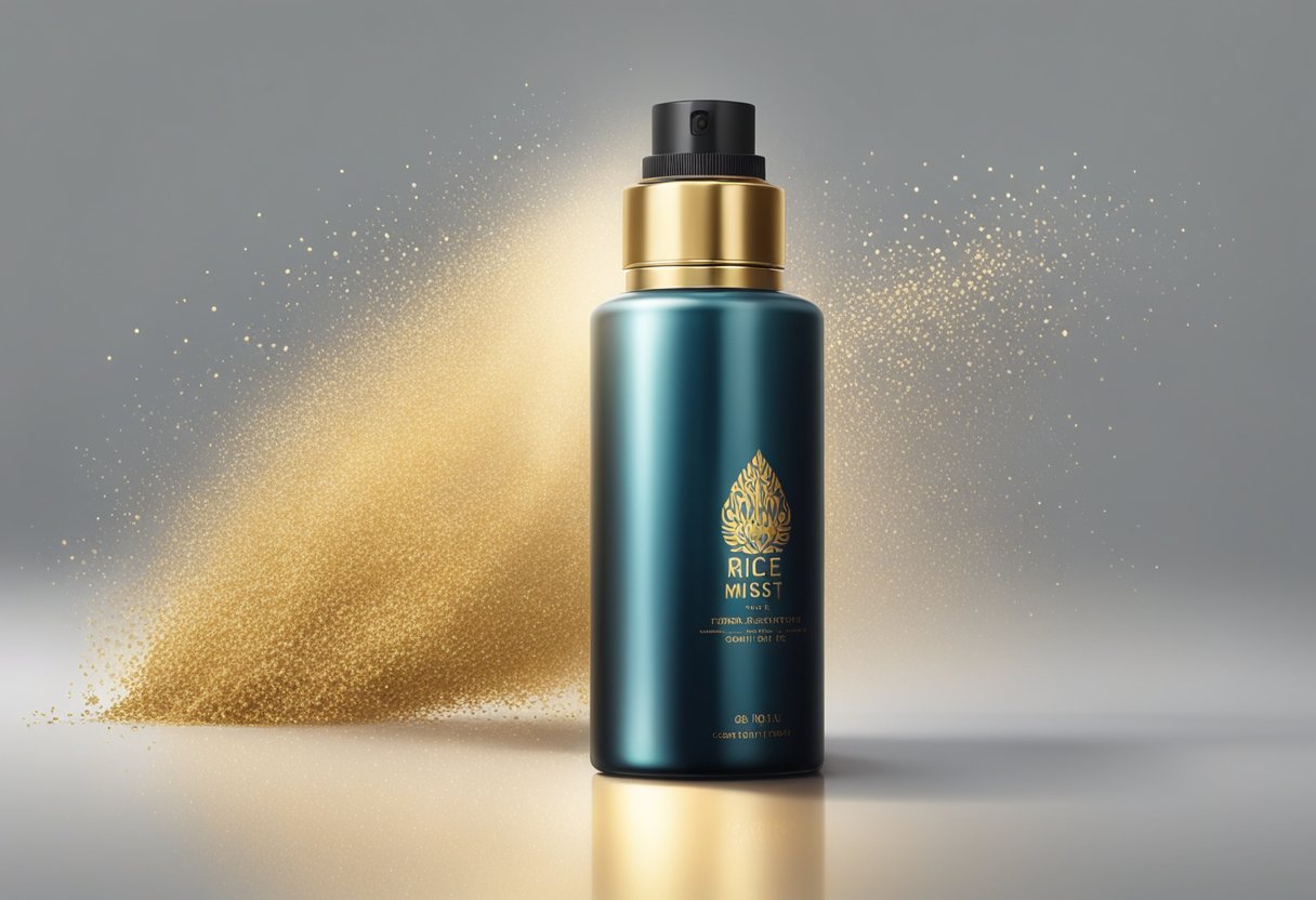A mist bottle sprays rice water and gold mica, creating a shimmering effect. The mist hovers in the air, catching the light and giving off a radiant glow