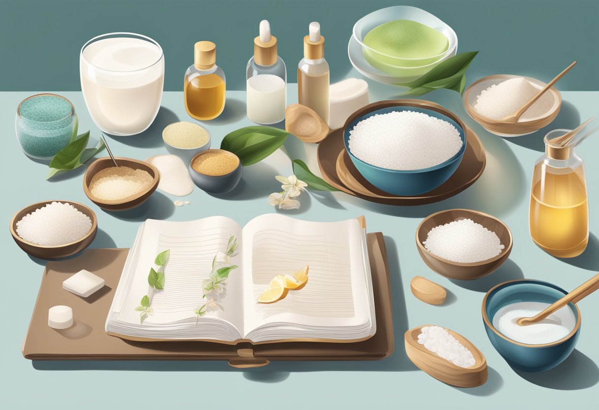 A table with various skincare ingredients and a bowl of rice water, surrounded by recipe books and skincare tools