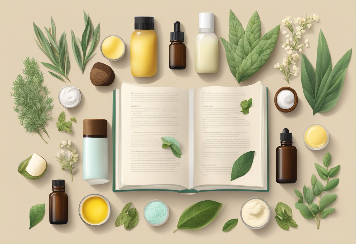 A table filled with shea butter, essential oils, and various skincare ingredients. A book titled "Frequently Asked Questions 42 Best DIY Homemade Skincare Recipes with Shea Butter" is open to a page with a recipe