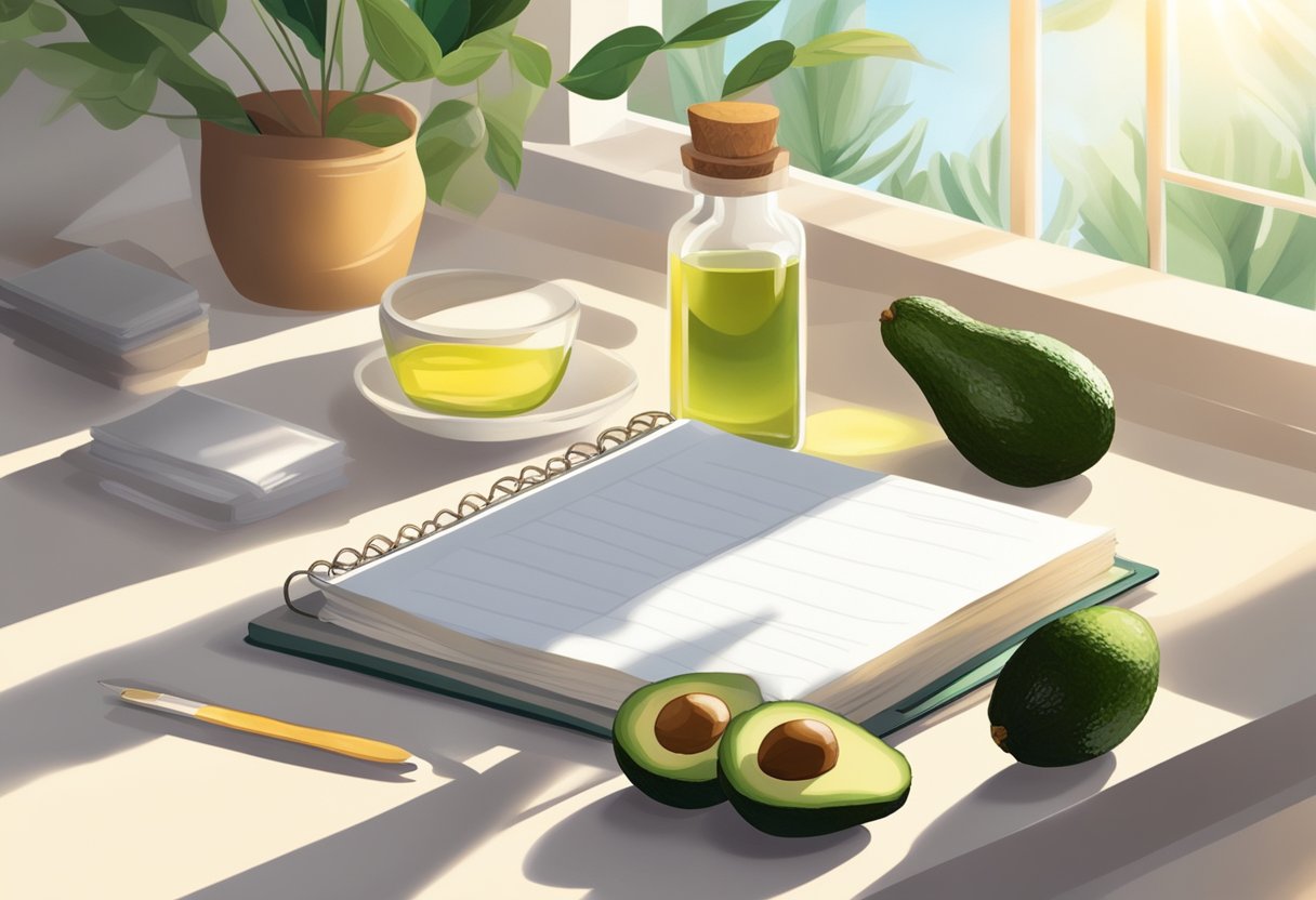 A table filled with fresh avocados, essential oils, and natural ingredients. A notebook with handwritten skincare recipes. Sunlight streaming through a window
