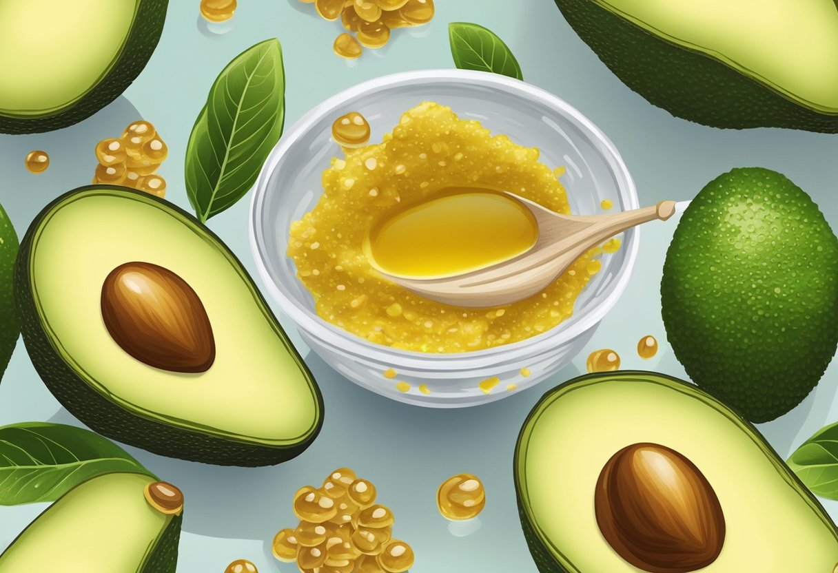 A ripe avocado being mashed with honey in a small bowl, surrounded by a few drops of honey and avocado seeds