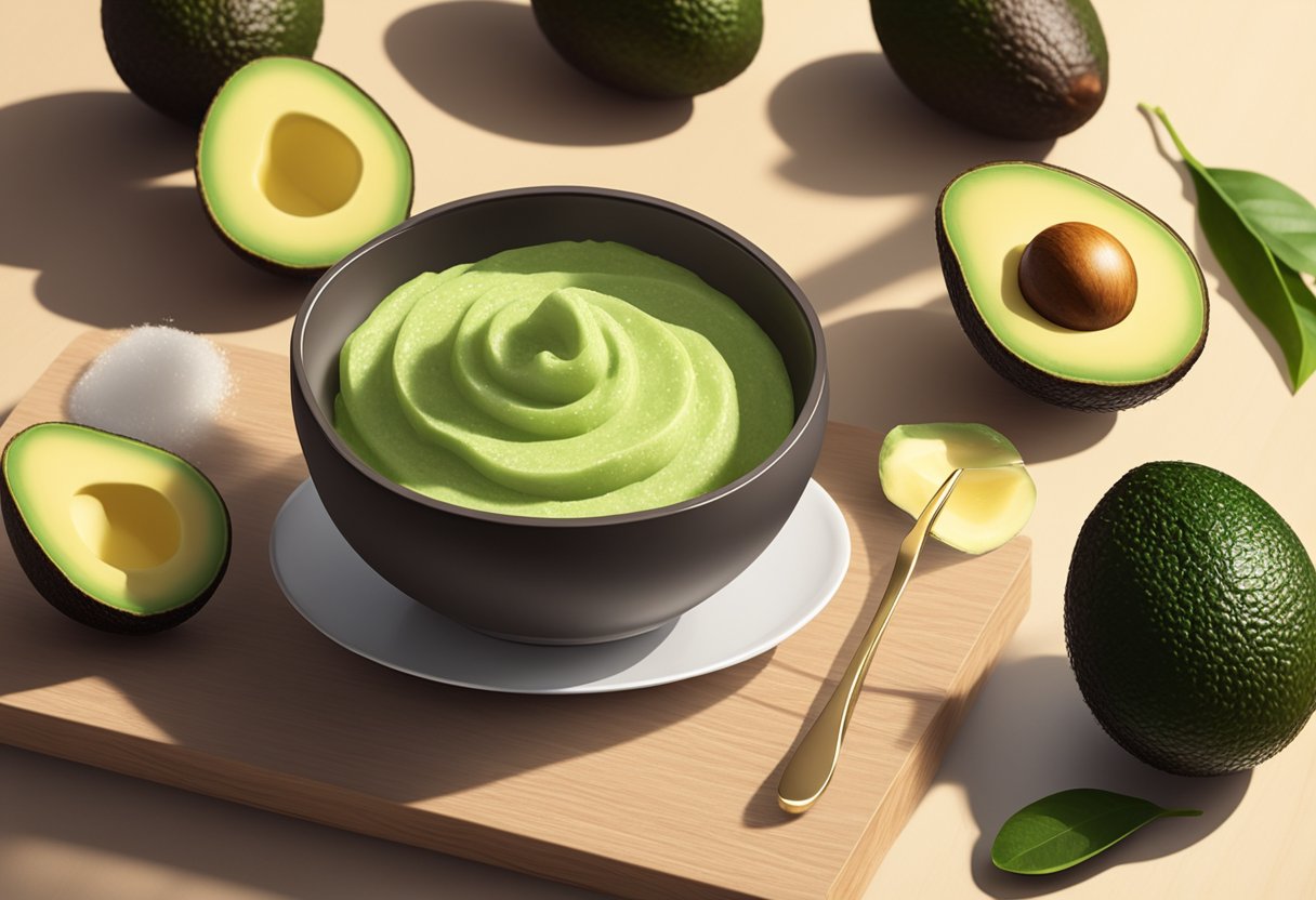 A small bowl filled with avocado and sugar lip scrub sits on a wooden table, surrounded by fresh avocados. The sunlight streams in, casting a warm glow on the ingredients