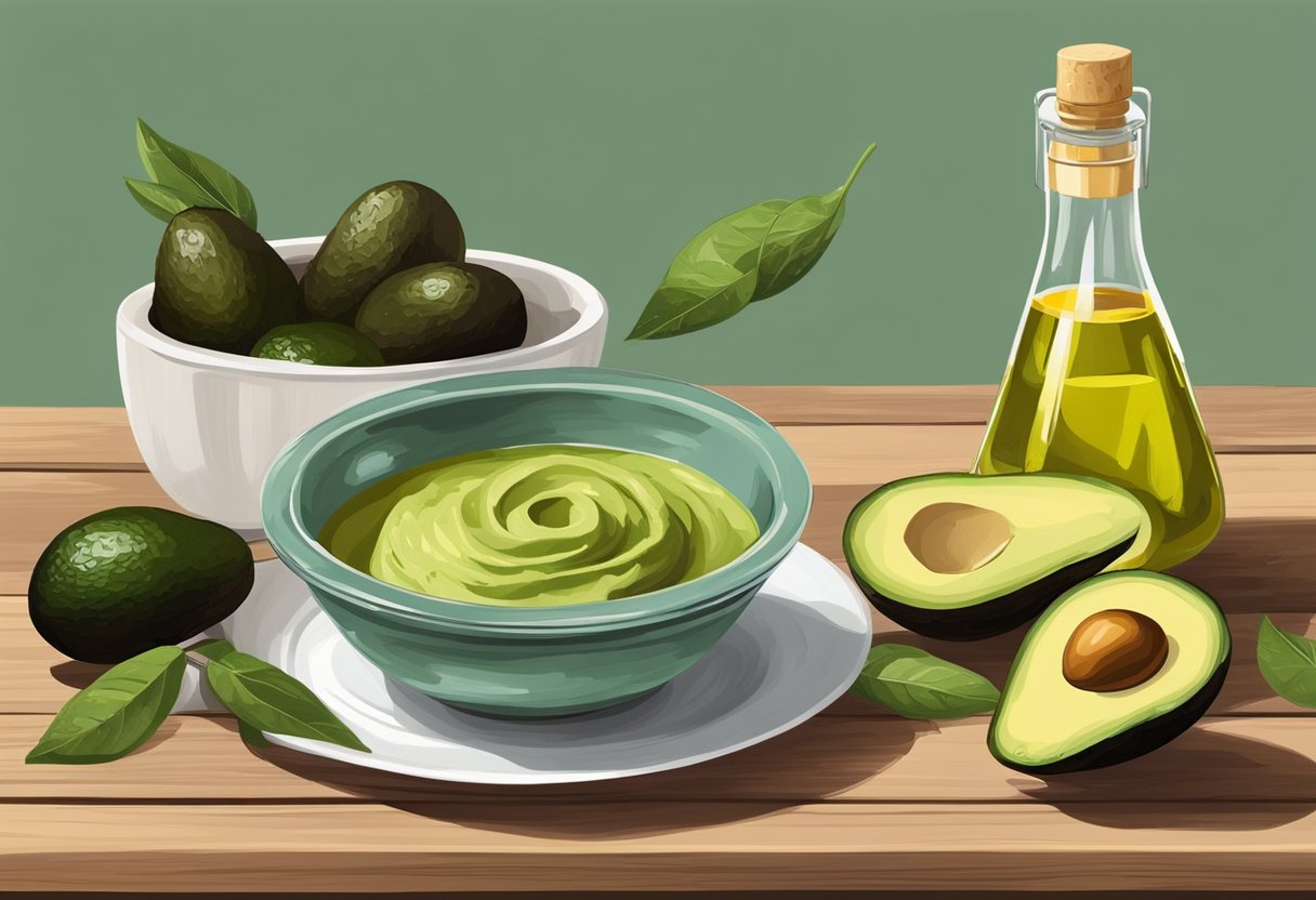 A bowl of mashed avocado and a bottle of olive oil sit on a wooden table, surrounded by fresh avocados and olives