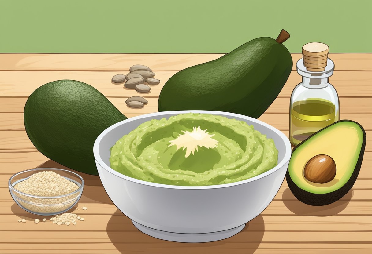 A bowl of homemade avocado and oatmeal scrub sits on a wooden table, surrounded by fresh ingredients and essential oils. A mortar and pestle are nearby for grinding the mixture
