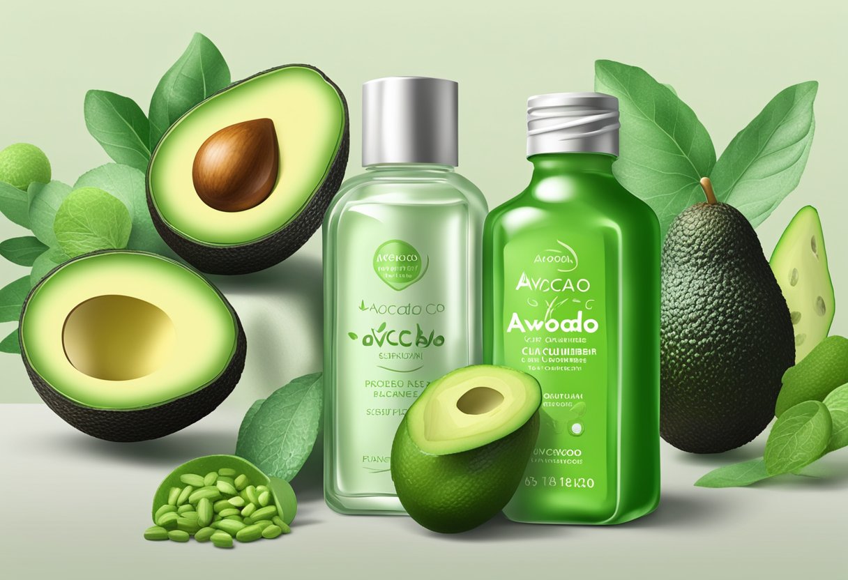 A clear glass bottle filled with green liquid, labeled "Avocado and Cucumber Eye Serum," surrounded by fresh avocados and cucumbers