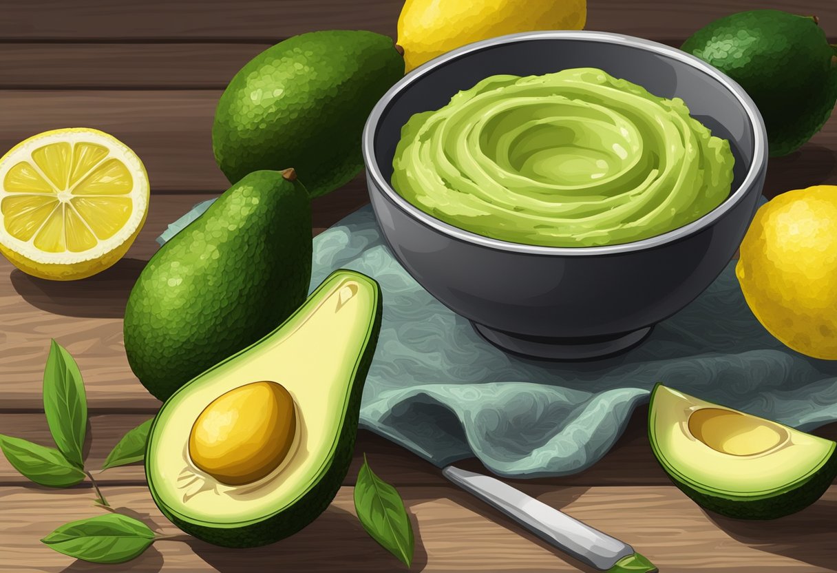 A small bowl filled with mashed avocado and lemon juice, surrounded by fresh avocados and lemons on a wooden table