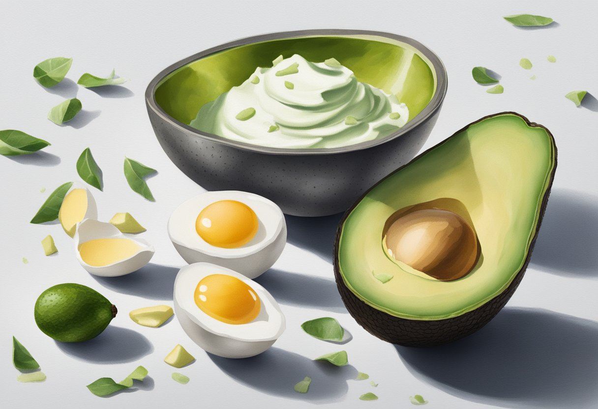 A bowl of avocado and egg white mask sits on a clean, white surface, surrounded by fresh avocado and eggshells. A soft, natural light illuminates the scene, highlighting the creamy texture of the mask