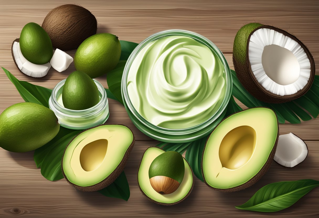 A jar of avocado and coconut oil body butter surrounded by fresh avocados and coconuts on a wooden table